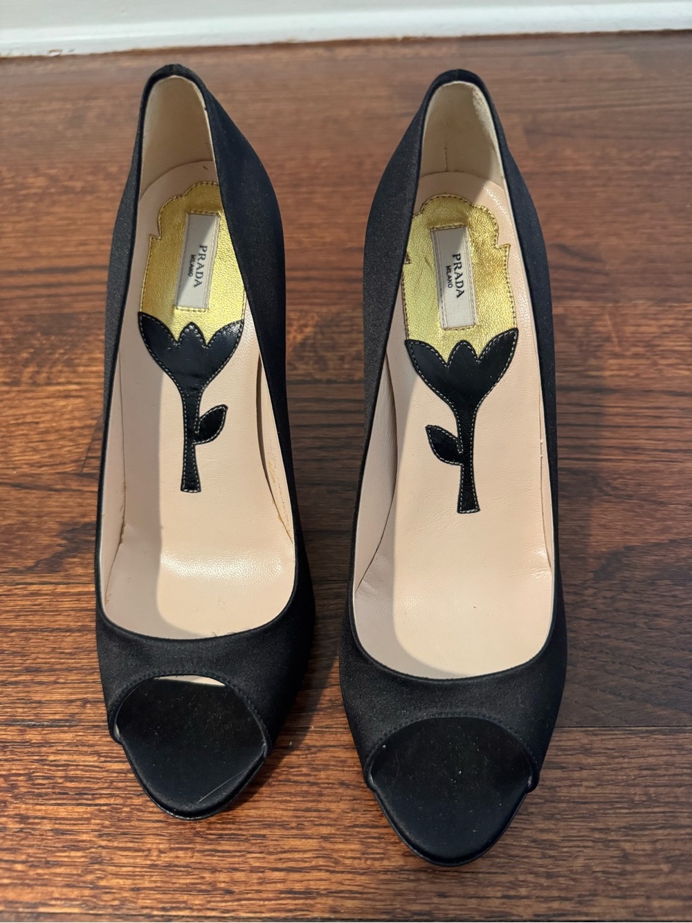 Vintage Prada Linea Rossa Black Satin Peep-Toe Pumps - Hand Painted Tulip Heel - Picture 3 of 11